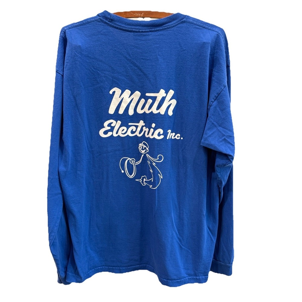 Bayside Heavyweight Men XL VTG Blue Long Sleeve Pocket T-Shirt Muth Electric USA